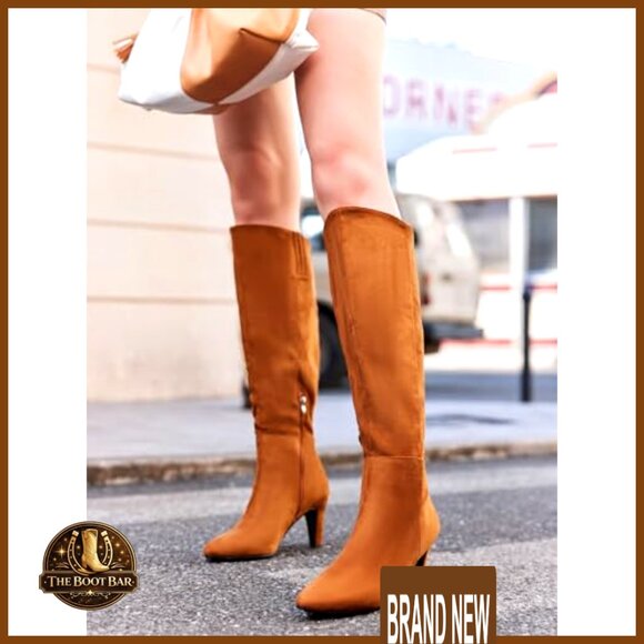 Wide Calf Knee High Boots Stiletto Heel Pointed Toe Side Zipper Suede - Picture 2 of 7